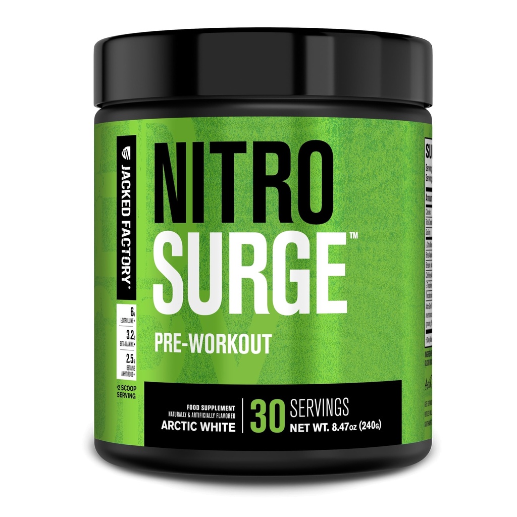 Jacked Factory NITROSURGE Pre Workout Supplement - lõputu energia, kiire tugevus kasu, selge fookus, intensiivsed pumbad - NO Booster & Powerful Preworkout Energy Powder - 30 Servings, Arctic White