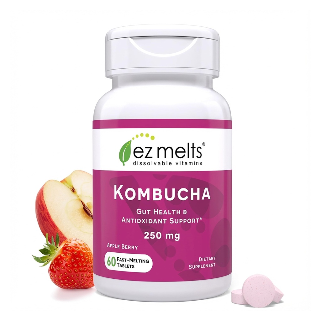EZ sulab lahustuvad suhkruvabad Kombucha tabletid SCOBY & Apple'i siidriäädikaga, soolestiku tervise lisandid meestele ja naistele, Apple Berry maitse, 2-kuuline pakkumine - 1 pakend