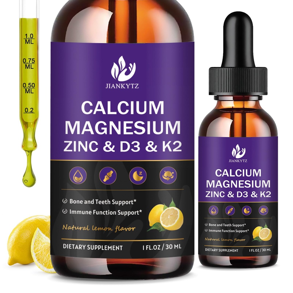 (2 Pack) Kaltsium Magneesium Tsink Vedelad tilgad naistele ja meestele - luud ja hambad, immuunsuse tugi, vedel kaltsiumilisa magneesiumglütsinaat, C-vitamiin D3 K2 B6 ja mere sammal | Suhkruvaba