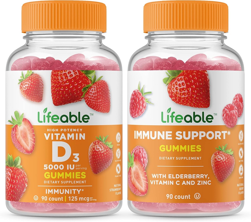 Elujõuline D-vitamiin 5000 IU + immuunsuse tugi, Gummies Bundle - suurepärane maitse, vitamiinilisand, Gluteenivaba, GMO-vaba, närimiskumm