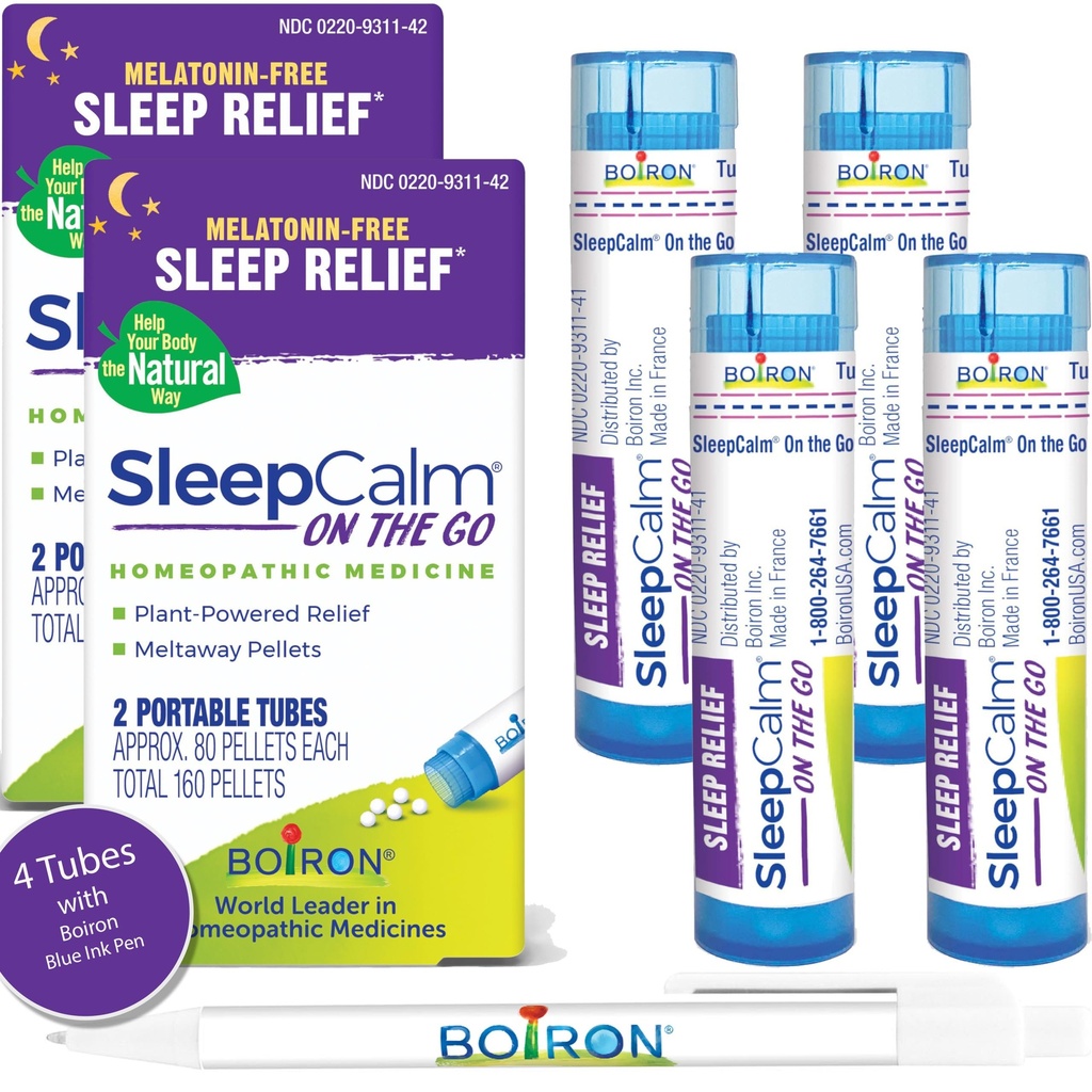 Boiron SleepCalm On The Go Sleep Aid sügavaks, lõõgastavaks, rahulikuks öiseks uneks - melatoniinivaba ja mitte-harjumuste moodustamine - 80 loend tube - 4 tubes sinise pliiatsiga