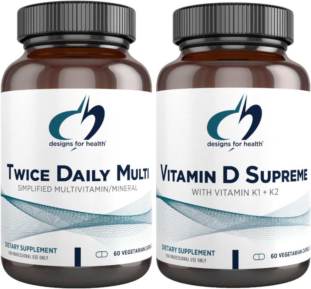 Disainid Tervis Multivitamiin + Vitamiin D / K Supplement Bundle - kaks korda päevas Multi (60 kapslit) D-vitamiini kõrgeim (60 kapslit) 5000 IU D3-vitamiini