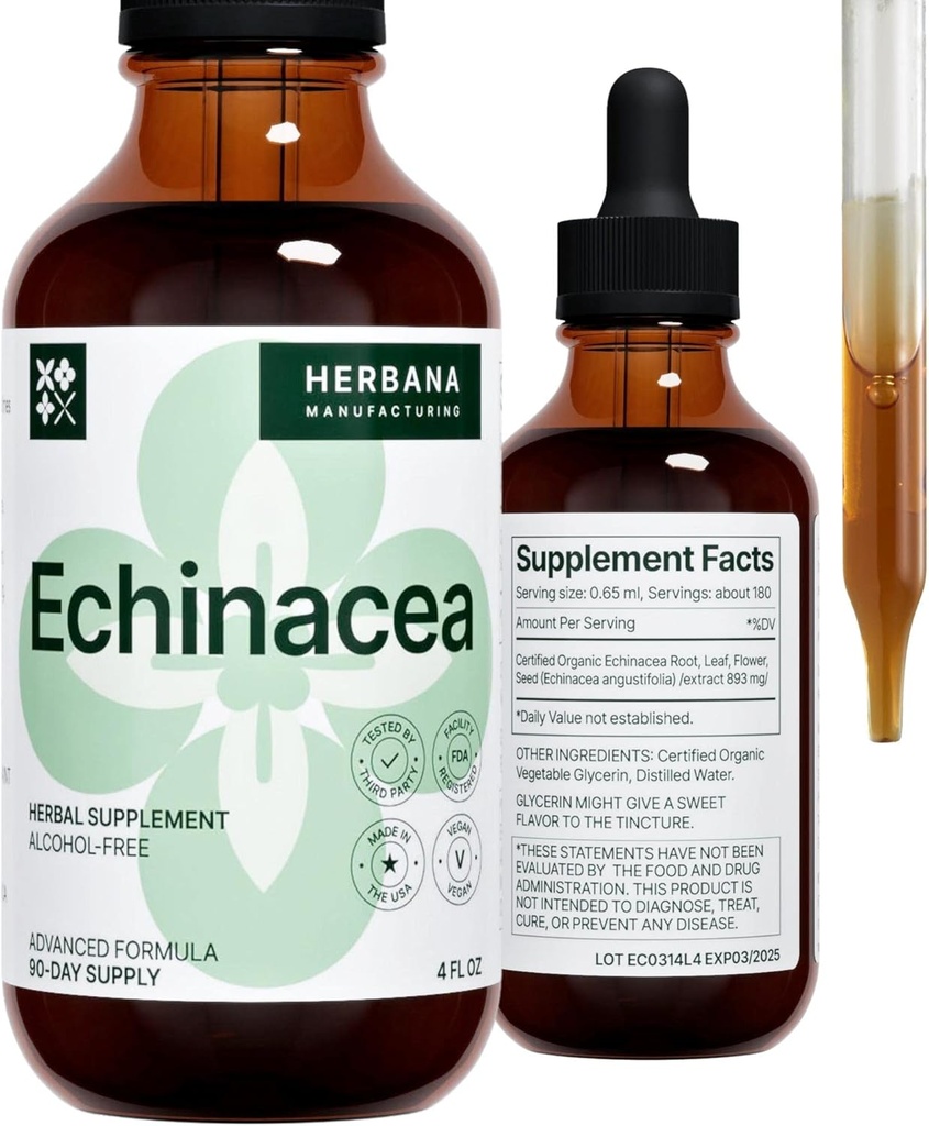 Echinacea 4 fl oz Vedelekstrakt - orgaaniline juur, leht, õis, seeme - looduslik taimsete toidulisand - keha, immuunsüsteemi tugitinktuur - kõrge potentsiga tilgad - 90-päevane pakkumine - pere suurus
