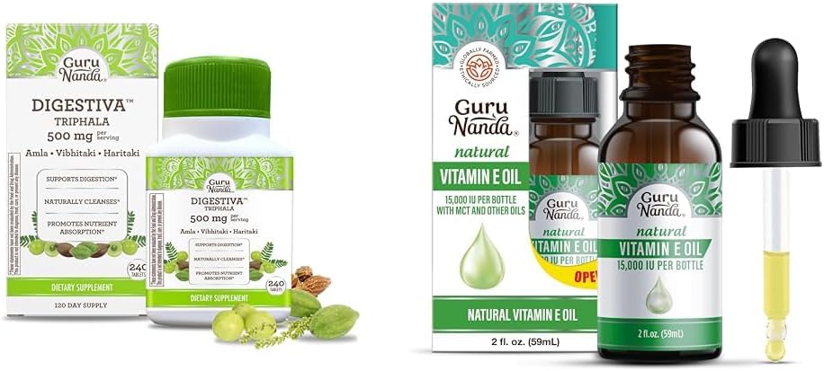 GuruNanda Digestiva Triphala (240 tabletti) ja E-vitamiini õli (2 Fl Oz) - toetab seedimist, aitab puhuda ja kõhukinnisus, toidulisand Amla, Haritaki ja Bibhitaki