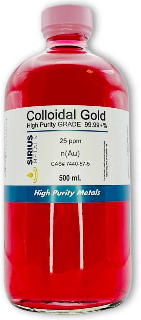 Tõeline kolloidne kuld - 25 ppm - 99,99+% Puhtus - 500 ml (16,9 Fl Oz) klaaspudelis - valmistatud USAs