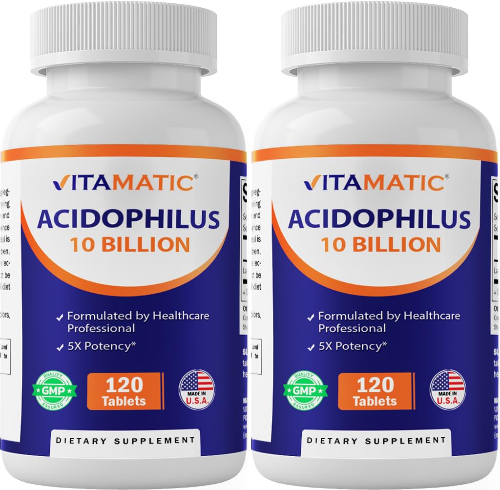 Vitamatic 2 pakendid Acidophilus Probiootikum - 10 miljardit CFU - 120 tabletti - 5X potentsi - igapäevane probiootiline lisand, toetab seedetrakti tervist (kokku 240 tabletti)