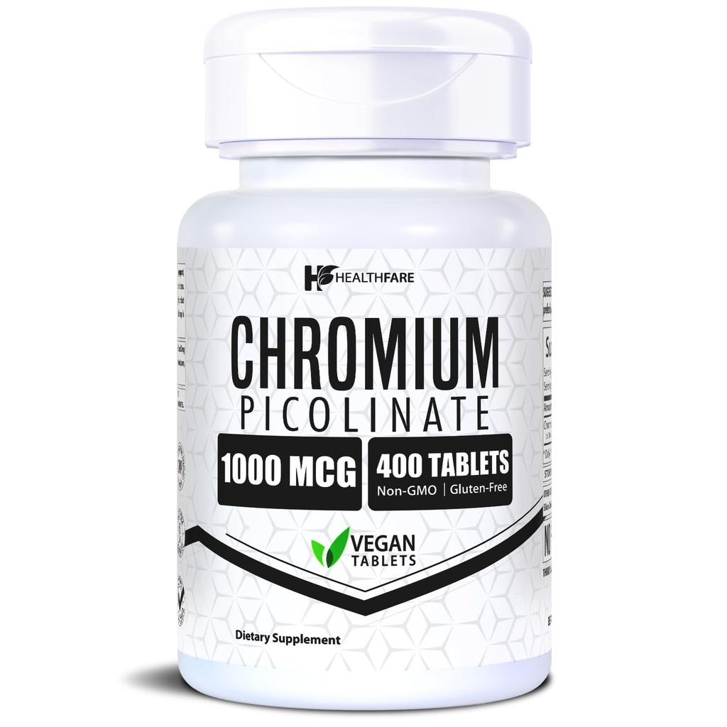 HealthFare Chromium Picolinate 1000mcg | 400 Vegan tabletid | Suur imendumine Mineraallisand | Toetab tervislikku suhkru metabolismi ja toitainete imendumist | Mitte-GMO, Gluteenivaba | Valmistatud USA-s