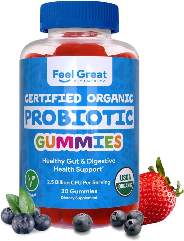 Feel Great USDA probiootilised kummikud täiskasvanutele ja lastele - 2,5 miljardit CFU (30 päeva) | Immuunsüsteemi tugi ja seedetrakti tervis | Kliiniliselt uuritud DE111 - Bacillus subtilis