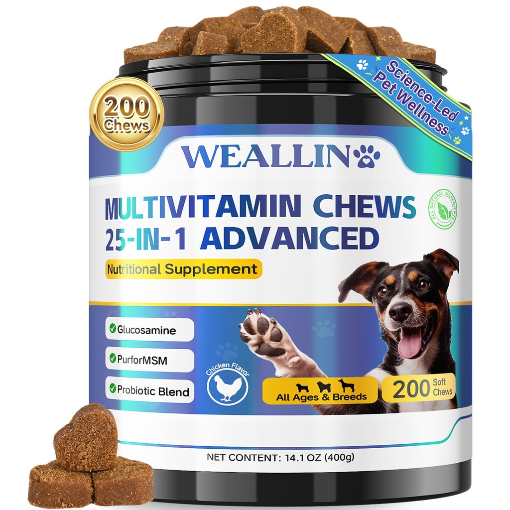 Koer Vitamiinid - 25-in-1 Koera Vitamiinid ja täiendused Multivitamiinid Glükoosamiin Probiootikumid Omega-3 Puppy Multivitamiini närimiseks Coat, süda, HIPS & liigesed, Seedimine ja Immuunsüsteem 200pcs