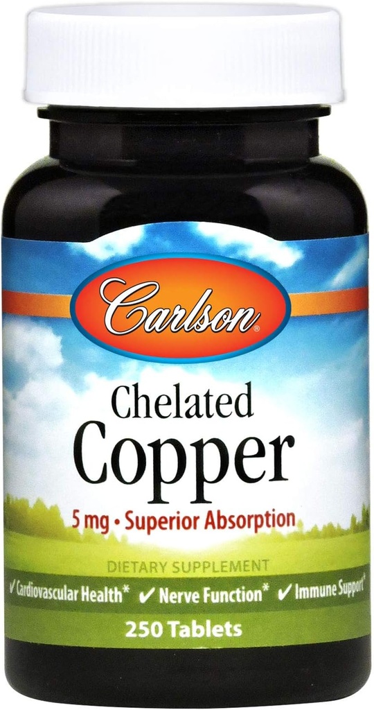 Carlson - Kelate Copper, 5 mg, Superior Absorption, Circulation Health, Närvifunktsiooni & Immune Support, 250 tabletti