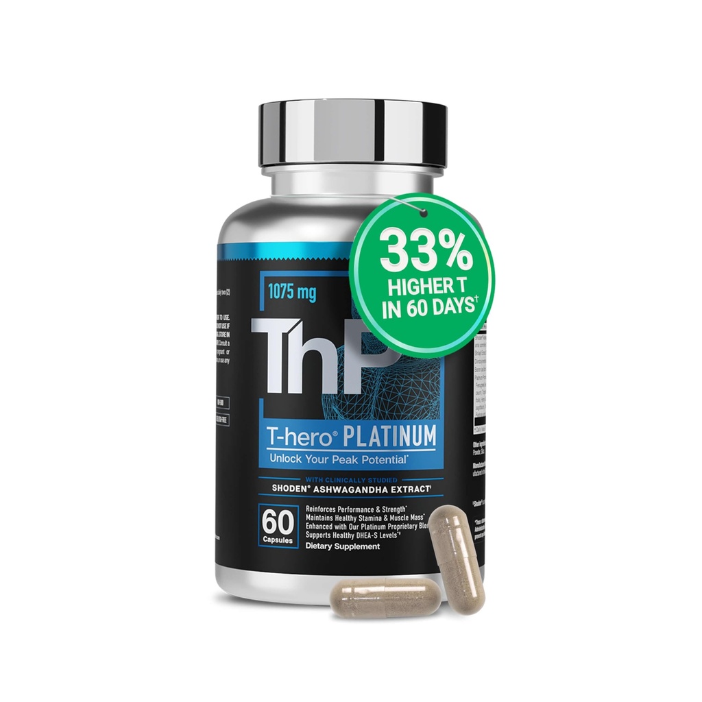 Olulised elemendid T-Hero Platinum meeste tervise täiendus meeste tervisele - lihaste kasvu toetamine ja T-tervis Shoden Ashwagandha, Shilajit, DIM & More - jõusaali täiendused meestele - 60 kapslit