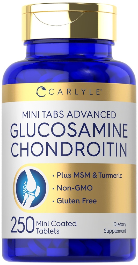 Carlyle Glükosamiin Chondroitin MSM | 250 Mini tabletid | Kurkumiga täiustatud valem | Mitte-GMO, Gluteenivaba