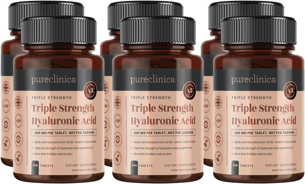 pureclinica Hüaluroonhape 300mg x 1080 tabletti (6 pudelit 180 tabletti - 3 aastat pakkumine). Kolmekordne tugevus hüaluroonhape. 300% tugevam kui ükski teine HLA tablett