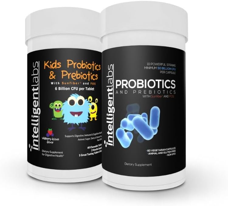 Intelligent Labs 2-in-1 Bundle of Kids Probiootikumid (6 miljardit CFU koos Sunfiber ja FOS) + Täiskasvanute probiootikumid (50 miljardit CFU, 10 tüve), Külmutust pole vaja, 2 kuud tarnimine pudeli kohta