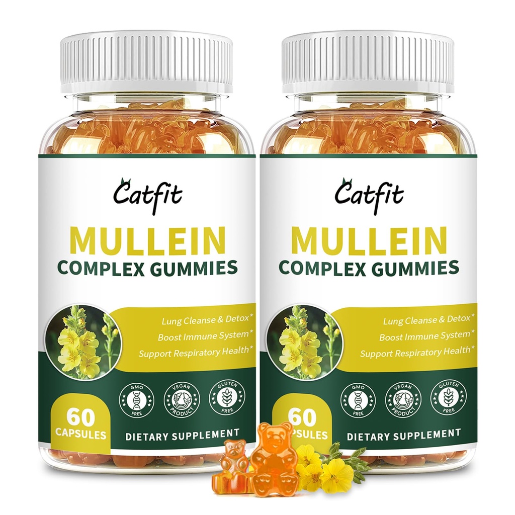(120 tk) Mullein Gummies for Lungs Detox – Mullein Leaf Extract with Quercetin, Elderberry for Respiratory & Immune Support, Breathing & Lung Cleanse for Smokers, Vegan, Ananassimaitse, (2 Pack)