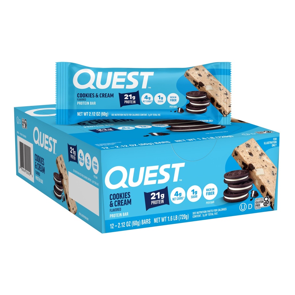 Quest Nutrition Cookies & Cream Protein Bars, 21g Valk, 1g Suhkur, 4g Net Carb, Gluteenivaba, Keto Sõbralik, 12 Count