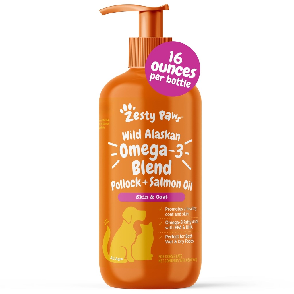 Zesty Paws Wild Alaskan Omega-3 Blend Pollock + lõheõli koertele ja kassidele - naha ja karva tugi, Omega 3 lemmikloomade täiendus, 16oz