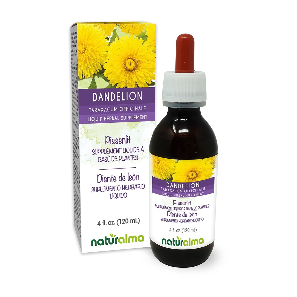 Naturalma Dandelion (Taraxacum officinale) Juur ja ürdi Alkoholivaba tinktuur - 4 fl oz Vedel ekstrakt tilkadena - Taimne täiendus - Vegan