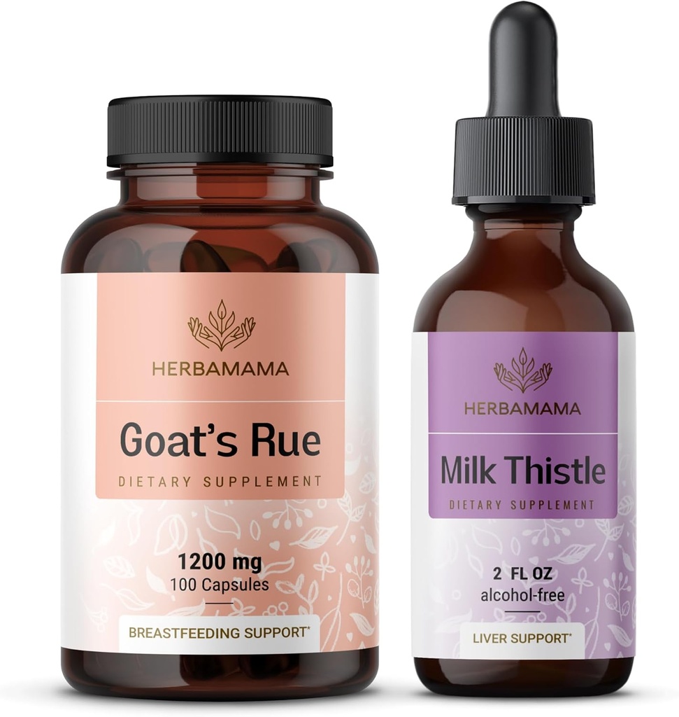 HERBAMAMA Kitse rue ja piimaohaka komplekt - 1200 mg kitse ruekapslid ja piimaohaka maks Detox tilgad 2 fl oz - Vegan, mitte-GMO, suhkur ja alkoholivaba - 2 Pack