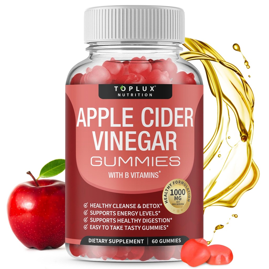 Toplux õunasiidri äädikakummid - 1000mg ACV B12, peedi juur, granaatõuna immuunsüsteemi, Detox & Cleanse, Gummy Alternatiiv Apple Siidri äädika kapslid, meestele naistele, 60 Gummies