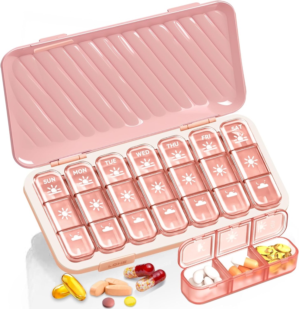Pill Organizer 3 korda päevas, 7 päeva Pill Box - GloDeals Weekly Pill Organizer, Portable Removable Daily Medicine Container Dispenser Case for Vitamin Fish Oil Supplement, Pink