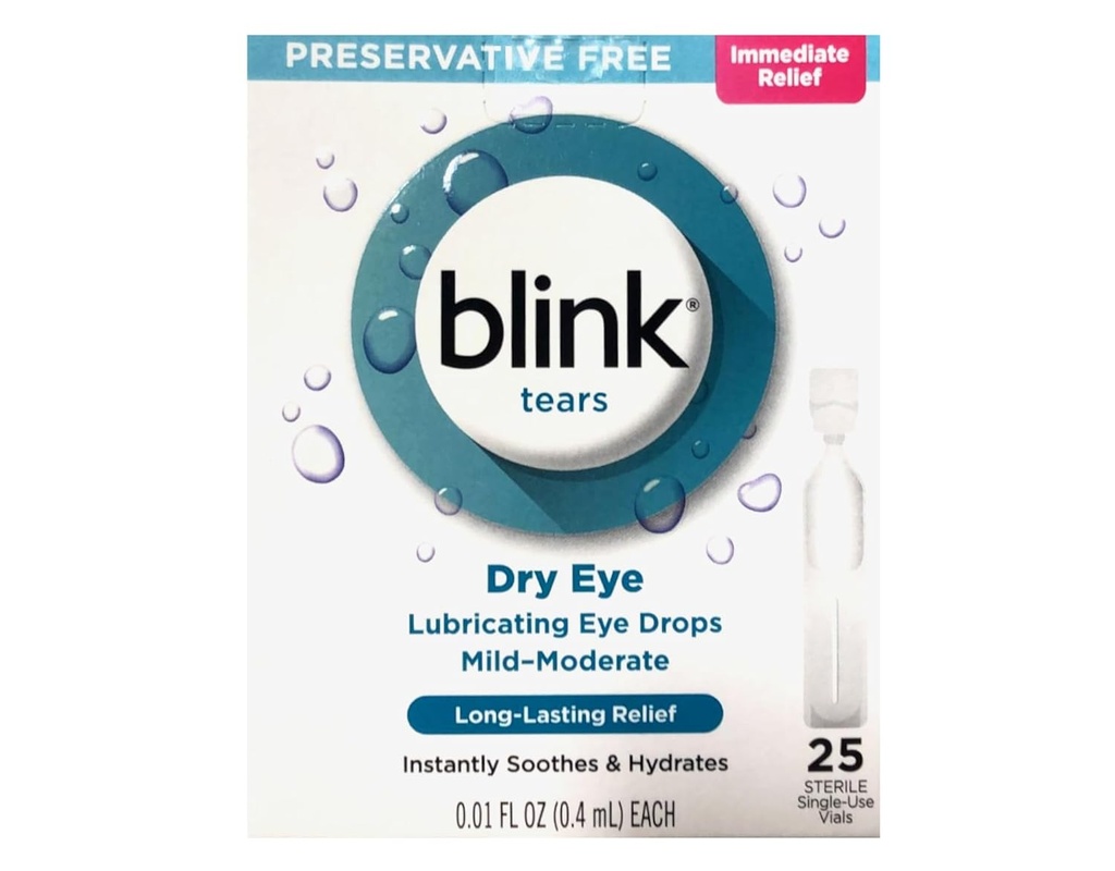 BLINK pisarad silmatilgad kuivadele silmadele, säilitusainete vaba määrdeainega silmatilgad, steriilsed ühekordsed viaalid, õrn silmahooldus kerge kuni mõõduka kuiva silma sümptomite leevendamiseks, 25 loend, 0,01 fl oz viaalid