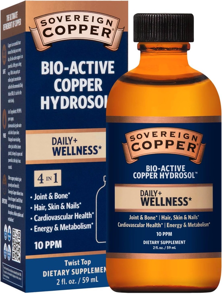 Sovereign Copper Professional 4-in-1 Wellness Support, Joint & Bone, Hair, Skin & Nails, Cardiovascular Health & Energy, Bio-Active Copper Hydrosol, 30 ppm, Vedel Twist Top, 2 Fl Oz (59 ml)