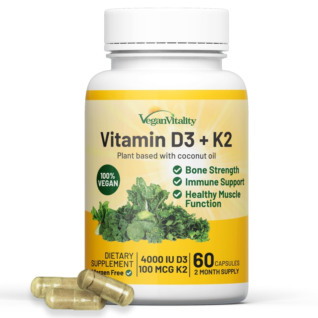 Vegan Vitamiin D3 K2 4000IU (100mcg) koos kookosõli, 100% taimepõhine Vegan Vitamiin D vegan ja taimetoitlane - 60 kapslit
