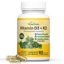 Vegan Vitamiin D3 K2 4000IU (100mcg) koos kookosõli, 100% taimepõhine Vegan Vitamiin D vegan ja taimetoitlane - 60 kapslit