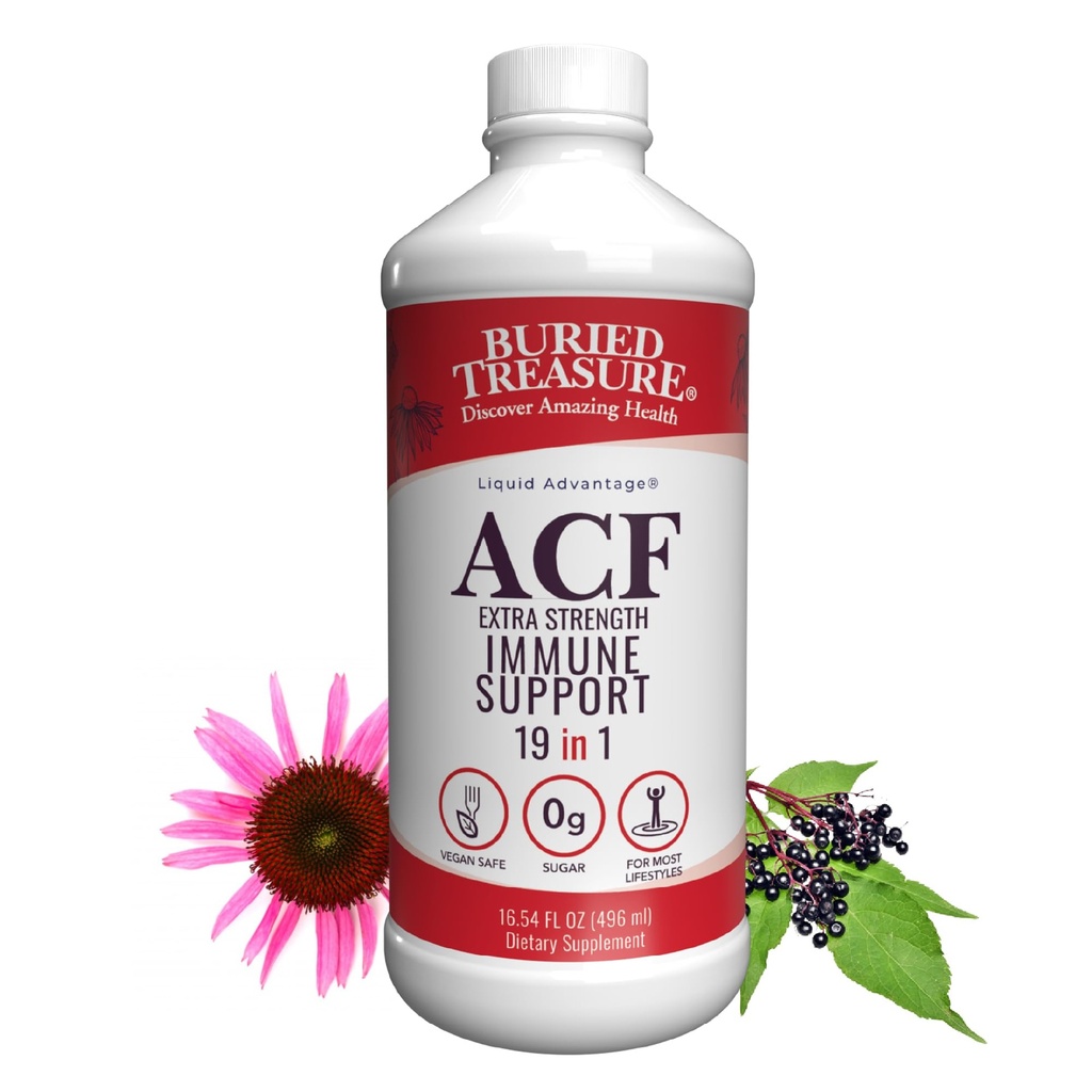 Buried Treasure ACF Extra Strength Liquid Immune Support – 1000mg Vitamin C, Elderberry, Zinc & Echinacea – Short-Term Adult Wellness Supplement, 16 fl oz