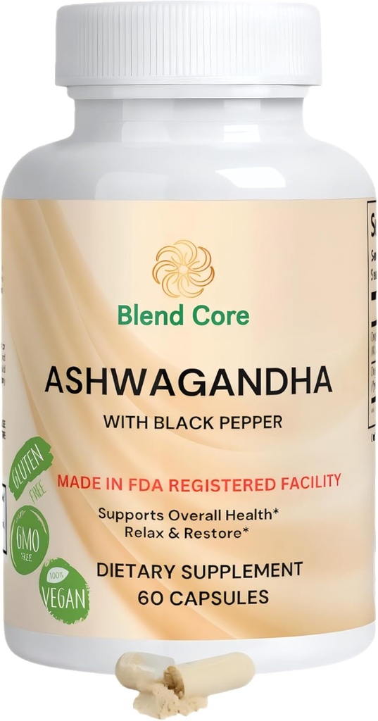 Ashwagandha koos musta pipar Ashwagandha toidulisanditega - 60 puhta Ashwagandha kapslit immuunsuse toetamiseks, energia suurendamiseks - mitte-GMO vegan sõbralik Ashwagandha kompleks