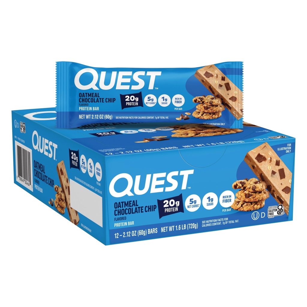 Quest Nutrition Kaermeal Chocolate Chip Protein Bars, 20g Valk, 1g Suhkur, 5g Net Carb, Gluteenivaba, Keto Sõbralik, 12 Count