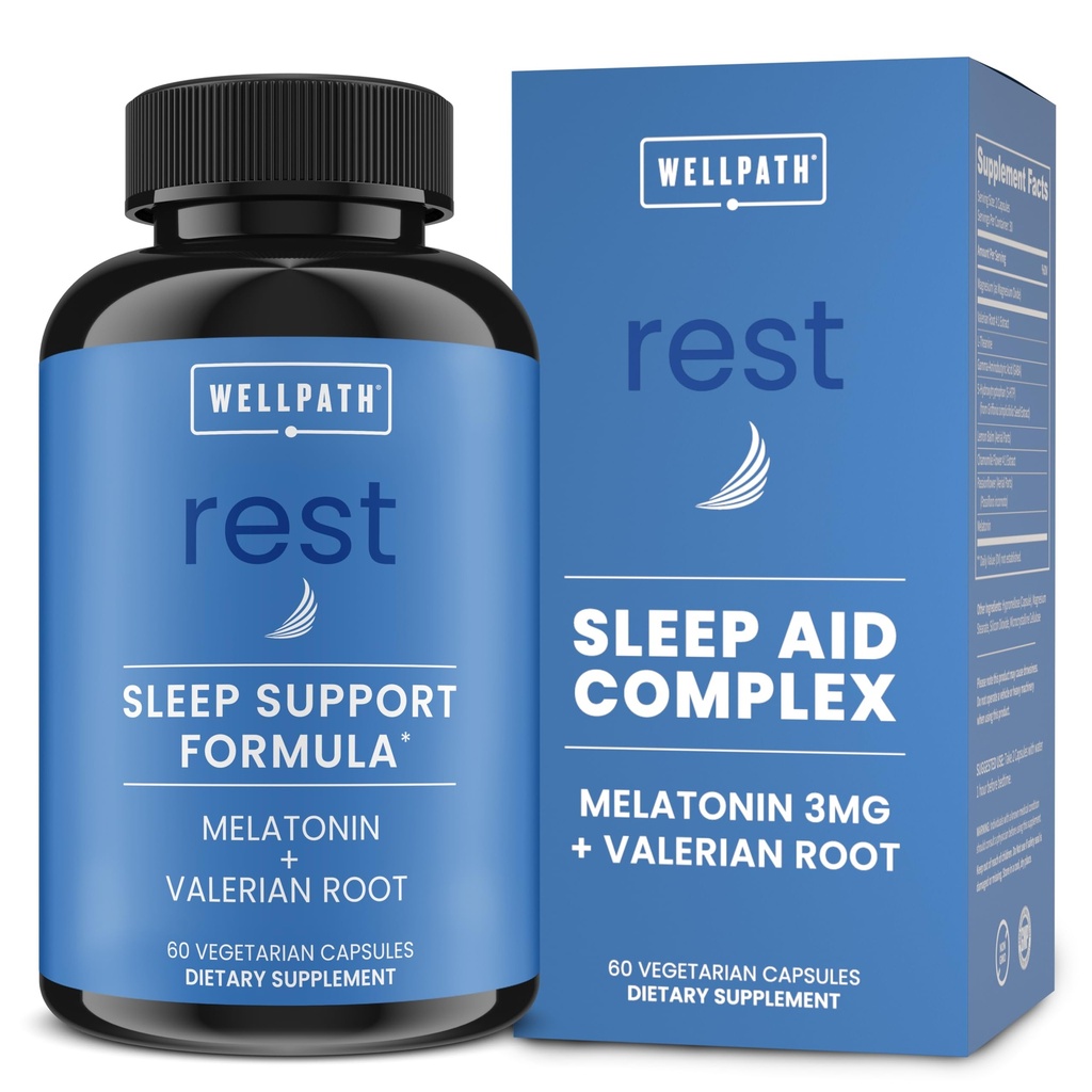 WellPath Rest Valerian Root Sleep Aid täiskasvanutele melatoniini ja L-Theanine | Natural & Herbal Sleeping pillid ekstra tugevus | 5-HTP, Lemon Balm, Kummel, 60 Ct