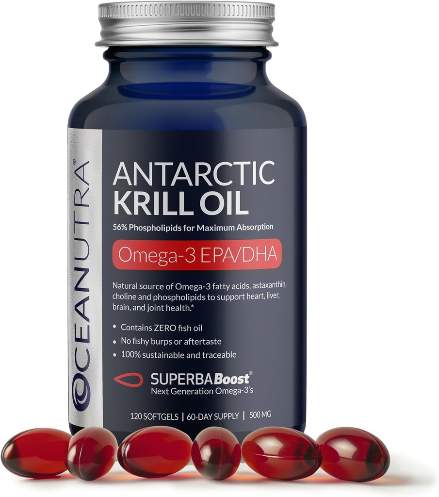 Looduslik püütud Antarktika krillõli 500mg Softgels, SuperbaBoost Omega 3 Supplement, EPA & DHA, Astaksanthin, Koliin, 56% Fosfolipiidid, Säästev, Ilma kalaõli, Vanilla Maitse (60-päevane pakkumine)