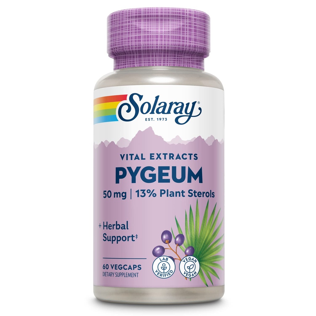 SOLARAY Pygeum Bark ekstrakt 50mg - Pygeum täiendus eesnäärme tervise toetuseks - garanteeritud sisaldab 6,5mg taimseid steroolid nagu Beeta Sitosterol, Non-GMO, Vegan, 60-päevane garantii, 60 Serv, 60 VegCaps