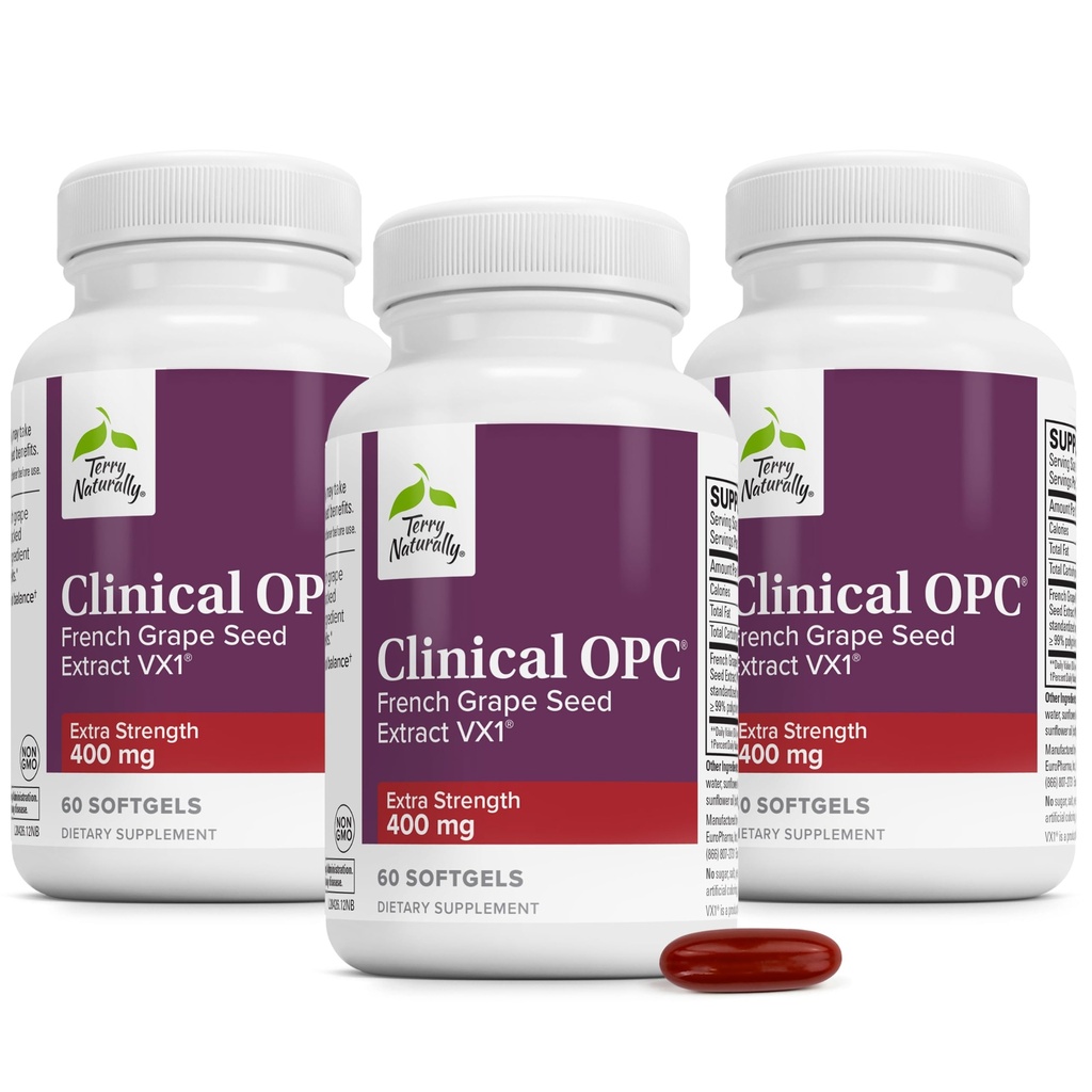 Terry Naturally Clinical OPC Extra Tugevus - Kardiovascular Health & Focus Support - Täiendus koos Viinamarjaseemne ekstrakti - Immune Support Supplement - 60 Softgels (Pack of 3)