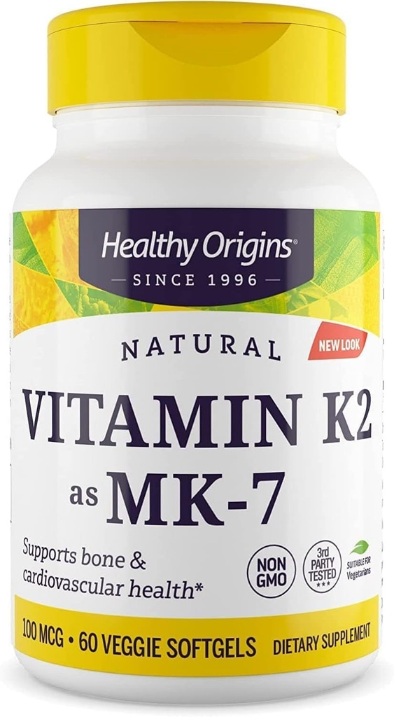 Tervislik päritolu Vitamiin K2 100 mcg (MK-7, mitte-GMO, Gluteenivaba, südame-veresoonkonna tugi, luu tugi), 60 Veggie Gels