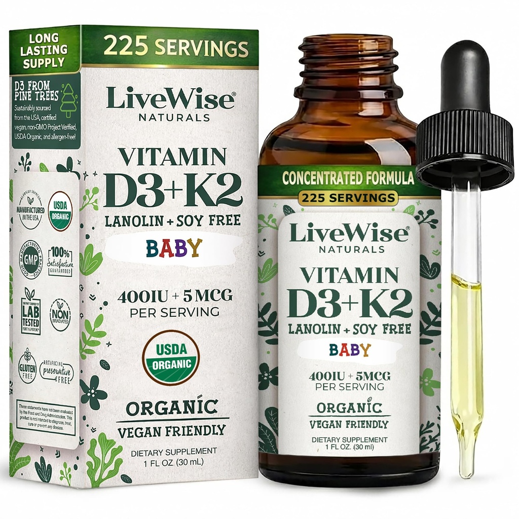 LiveWise Naturals Baby Vitamiin D3-K2 Vedel täiendus, vitamiinitilgad imikutele ja väikelastele, tervislikuks kasvuks, arenguks ja igapäevaseks heaoluks, kergesti kasutatav tilk klaaspudelis, 1 Fl Oz