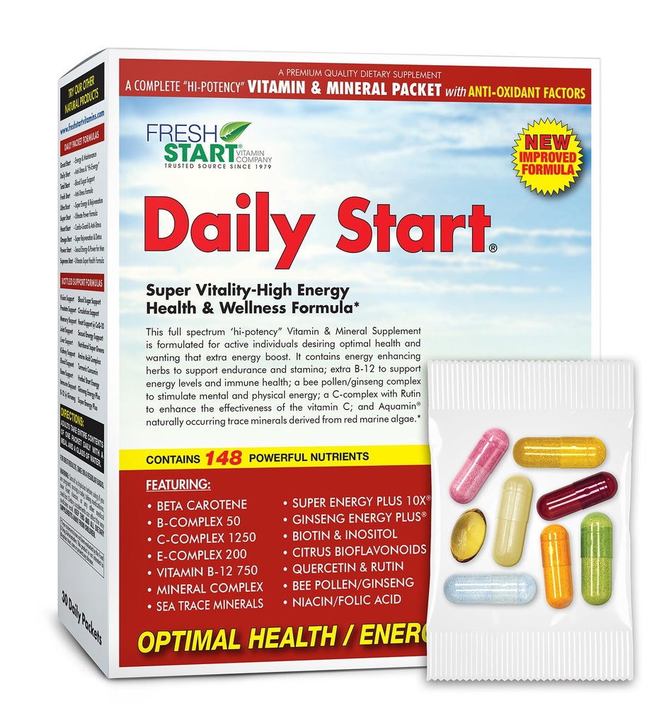 Daily Start Complete Daily Vitamin Pack | 10X Energy & Stamina Booster | Vitamiin A, B, C, D, E, B12, Mineraalid, Ashwagandha, Panax ženšenn, Yerba Mate, roheline tee (30 pakki)