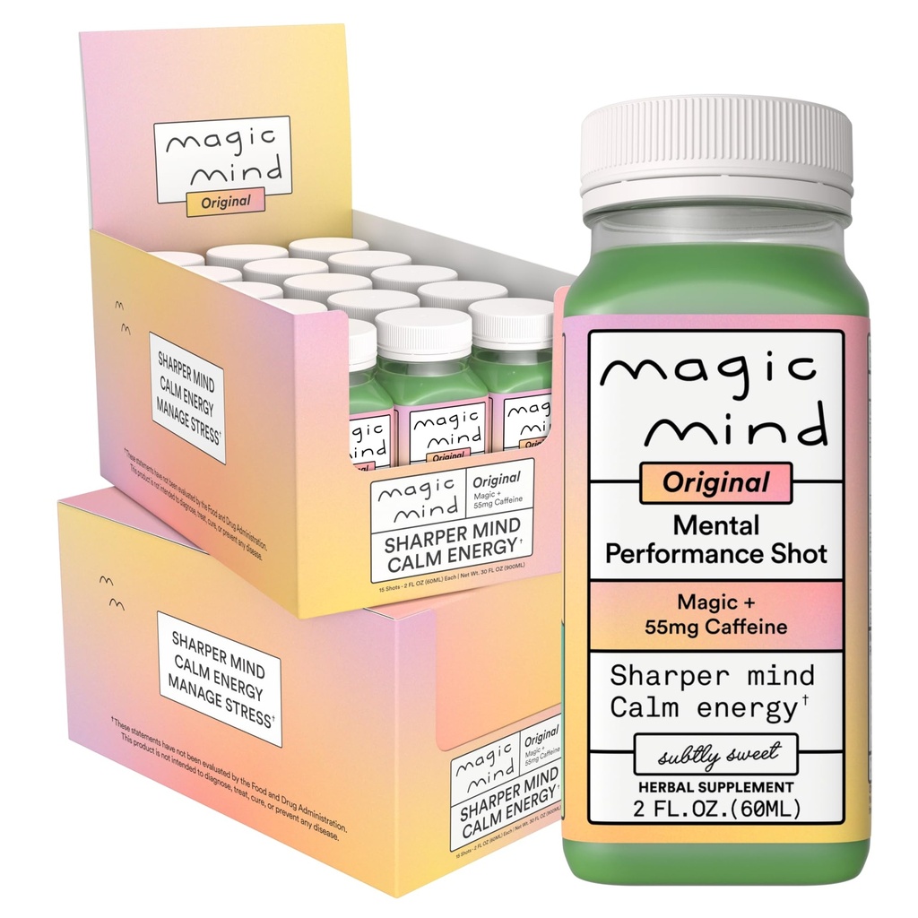 Magic Mind Focus energiajoogi kaadrid - No Jitters, stress leevendab, Ashwagandha, funktsionaalsed seened, Matcha roheline tee, vitamiin B12, vitamiin C - 2 FL Oz (30 Pack)