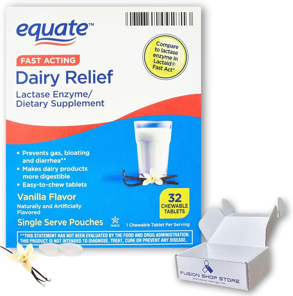 Piimapillid laktoositalumatuse jaoks - Equate Fast Acting Relief Vanilla Maitse, 32 närimistabletti, laktaid närimistabletid, laktaasi ensüüm (pakend 1), Boxed by Fusion Shop Store