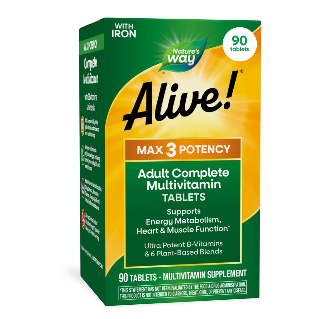 Looduse Tee Elus! Max3 potentsi päevane multivitamiin, metüülitud B12 ja folaat, ultra potentsi B-vitamiinid energia metabolismi toetamiseks *, 90 tabletti