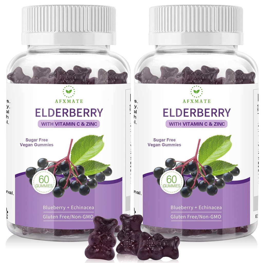 AFXMATE Sambucus Black Elderberry Gummies koos tsingi ja C-vitamiini täiskasvanutele Lapsed Immune Support, Sugar Free 120 loeb