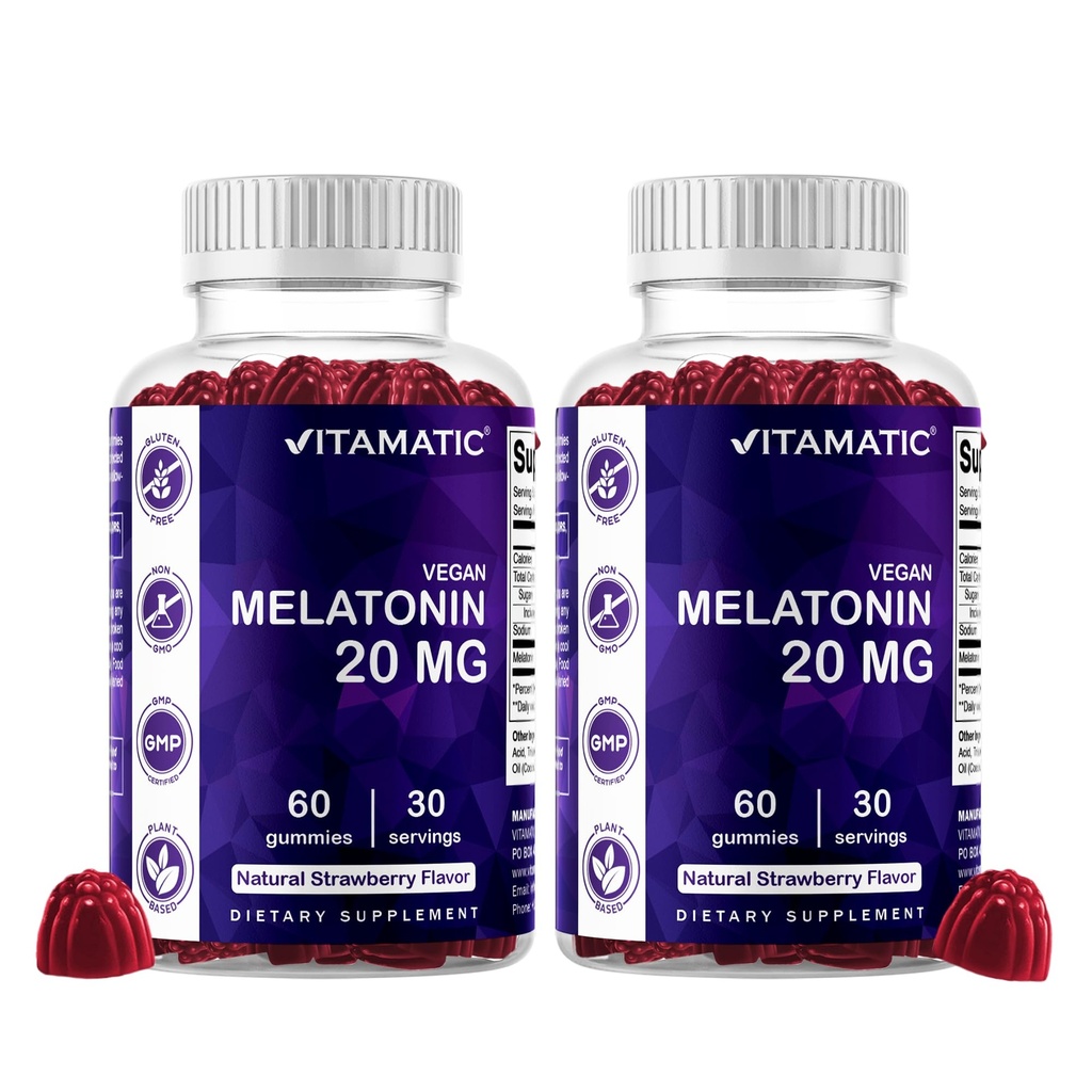 Vitamatic Melatonin 20mg Gummies täiskasvanutele, 30 Servings - 60 Count - Non-Habit Forming Supplement (Pack of 2)