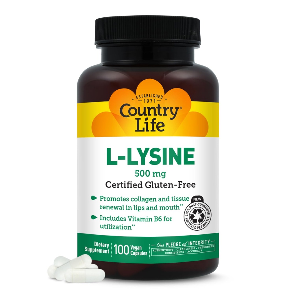 L-Lysine 500mg koos B-6-ga, toetab immuunsüsteemi tervist, soodustab kollageeni uuendamist huultes ja suus, 100 vegankapslit, sertifitseeritud gluteenivaba, sertifitseeritud vegan