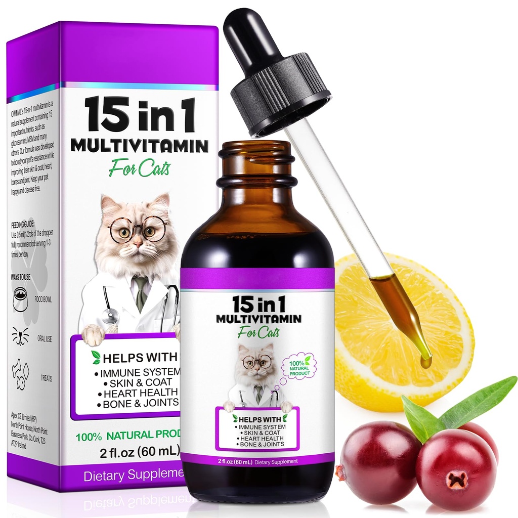 Kassi multivitamiin, 15-st 1-st Kassi vitamiinid Vedelad tilgad Südame tervise, luude, liigeste, naha ja kate, põie, immuunsüsteemi tugi 60 ml
