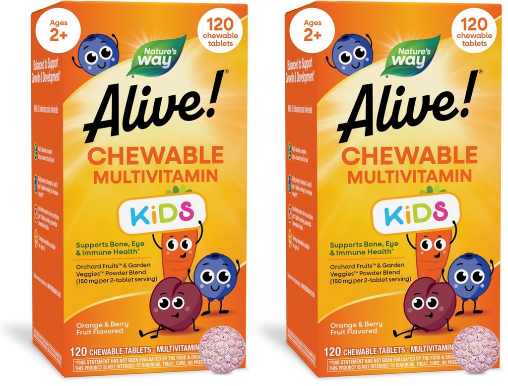 Looduse Tee Elus! Laste igapäevane näritav multivitamiin, toetab luude, silmade ja immuunsüsteemi tervist *, oranži ja marja puuvilja maitsestatud, gluteenivaba, 120 närimistabletti (pakend võib varieeruda) (pakend 2)