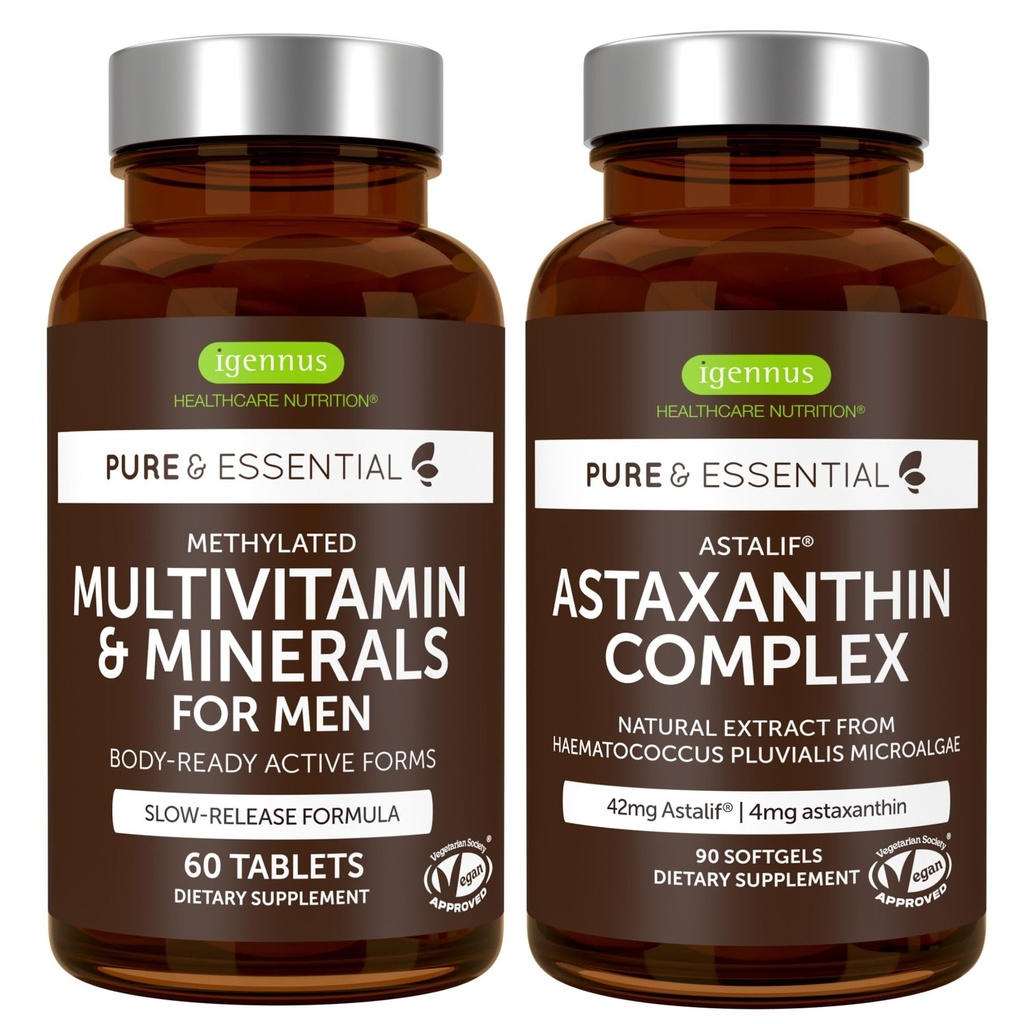 Multivitamiinid ja mineraalid meestele + Astaksantiini kompleks Vegan Bundle, Jätkusuutlik vabanemine Advanced Multivitamiin + 4 mg H. Pluvialis Natural Astaxanthin, autor Igennus