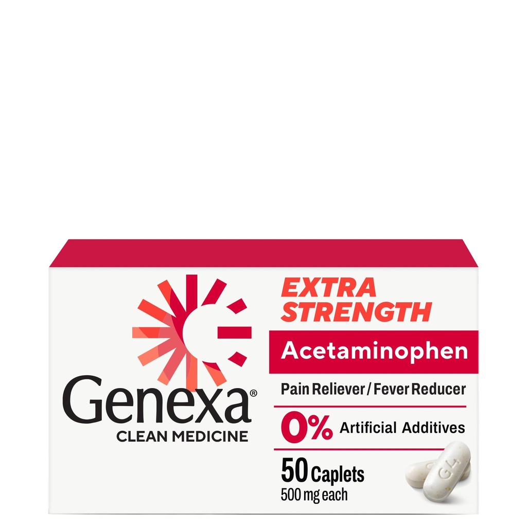 Genexa puhas atsetaminofeen 500mg ekstra tugevus, värvivaba valu leevendav palavik vähendaja, 0% kunstlikud lisandid, valuvaigistid täiskasvanutele, leevendab peavalu, seljavalu, väike artriit valu, 50 tabletti
