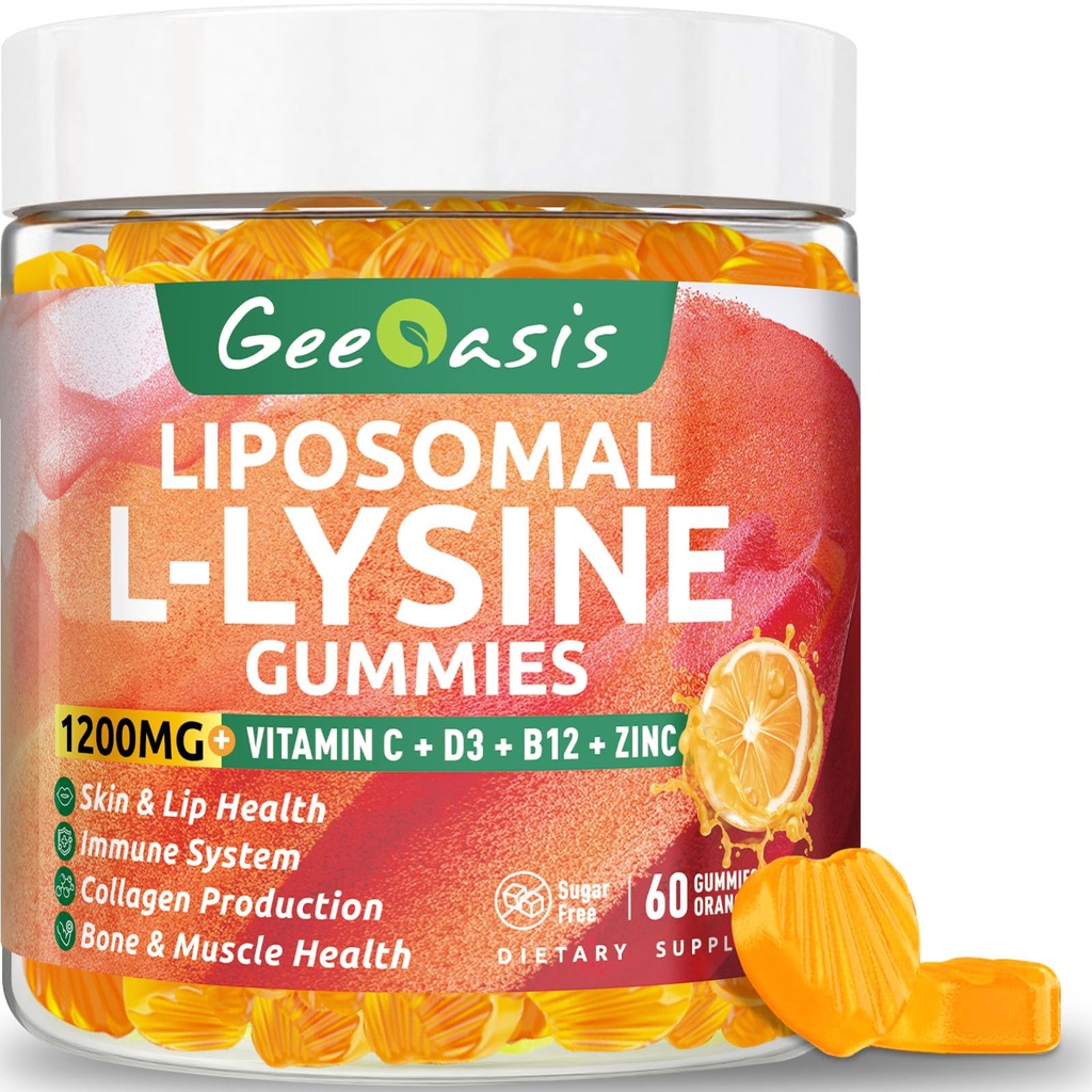 Liposomaalsed L-lüsiin Gummies 1200mg, Lüsiini närimistable toidulisand C-vitamiini, D3, B12 & tsink täiskasvanutele ja lastele, immuun- ja kollageeni tugi, huuled ja naha tervis, vegan, looduslik puuviljamaitse, 60CT